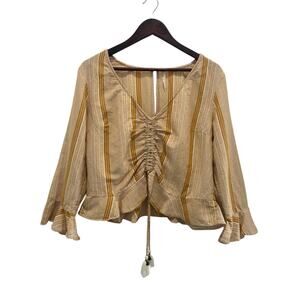 Free People Linen Blend Striped Ruffle Gathered Front Top Size L Boho